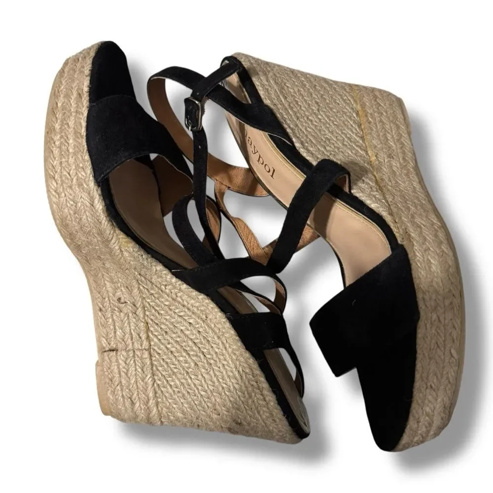 Anthropologie Maypol Espadrille Wedge Sandal 9.5 Black Suede Coastal Resort Chic